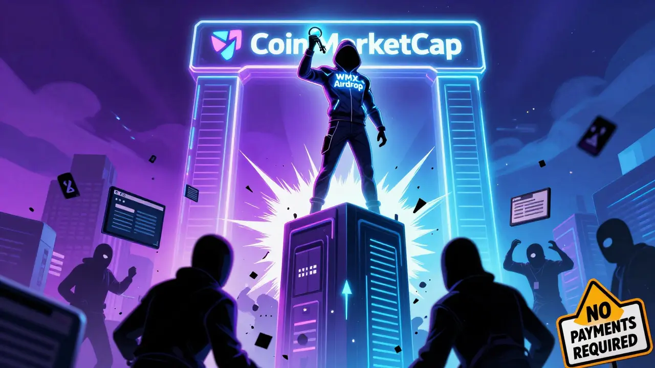 A hero holding a WMX key atop a blockchain tower, defeating scammer figures below.