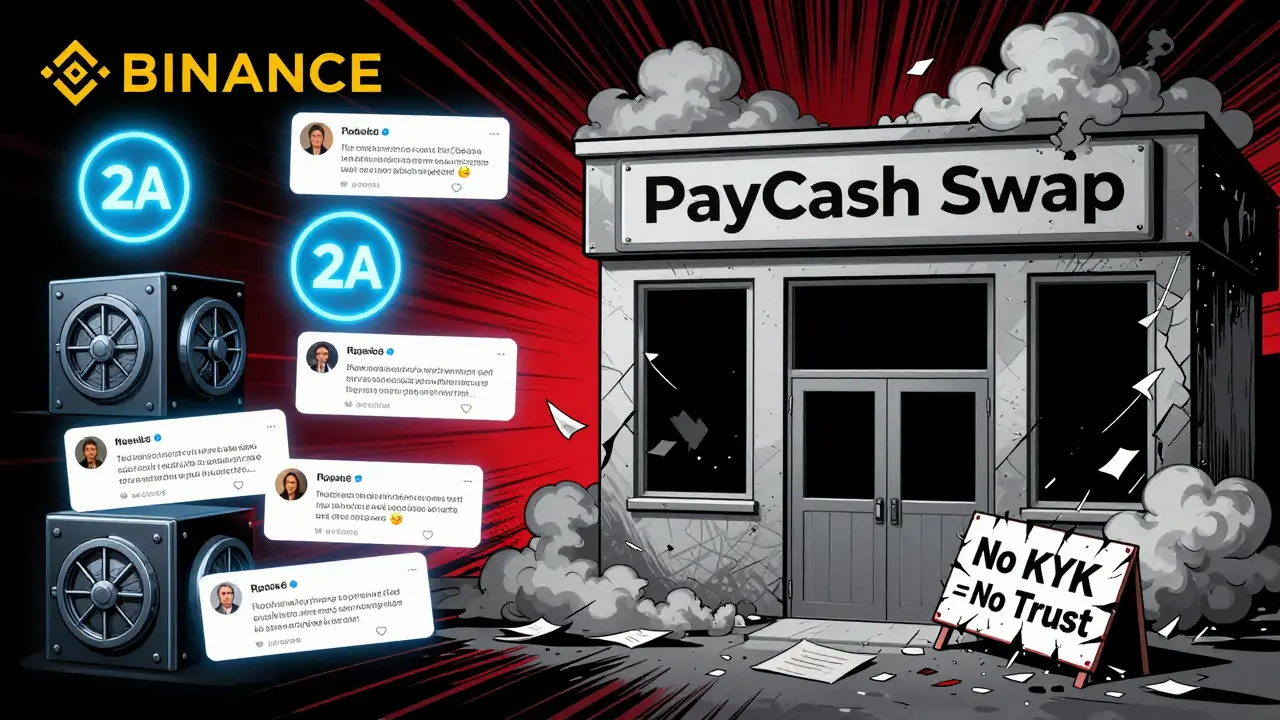 A legitimate crypto exchange beside a crumbling ghost building labeled PayCash Swap, showing stark contrast in trust.