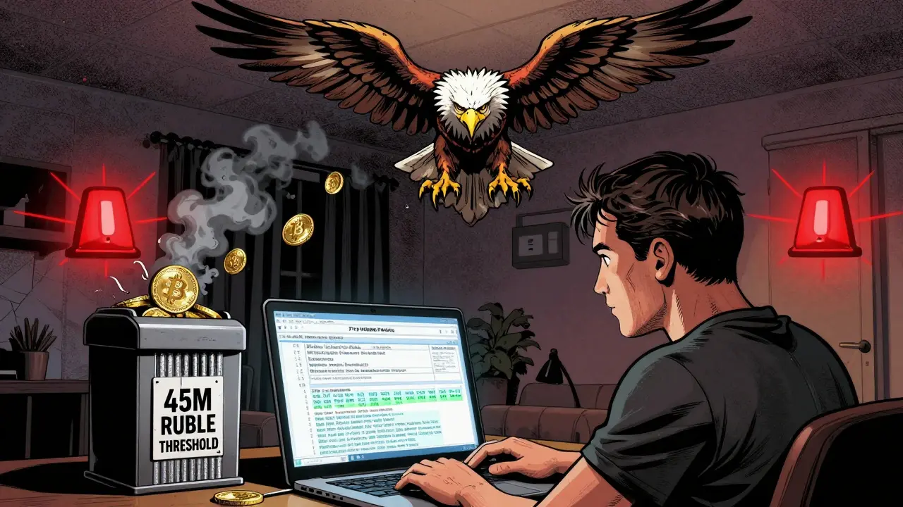A man files crypto taxes as a giant eagle watches, Bitcoin coins turning to ash.