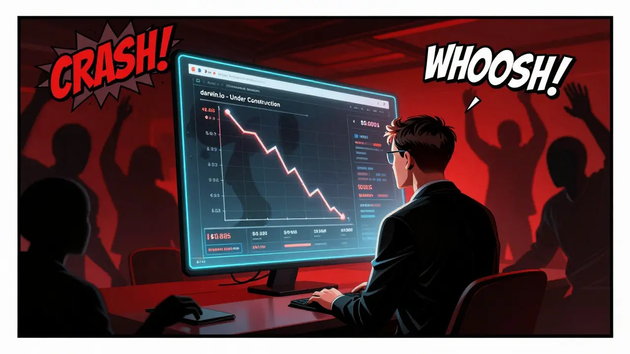 An investor watching DARWIN's price crash on a holographic screen, surrounded by fading speculators.