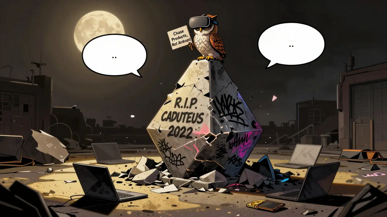 An owl perches on a crumbling blockchain monument marked &#039;R.I.P. CADUCEUS 2022&#039; under a moonlit sky.