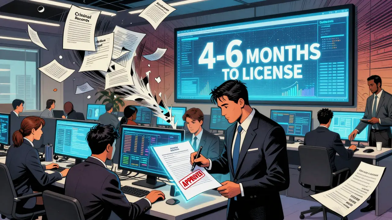 Comic book style office with team working on holograms, a Compliance Officer stamping approval, and documents swirling in chaos.