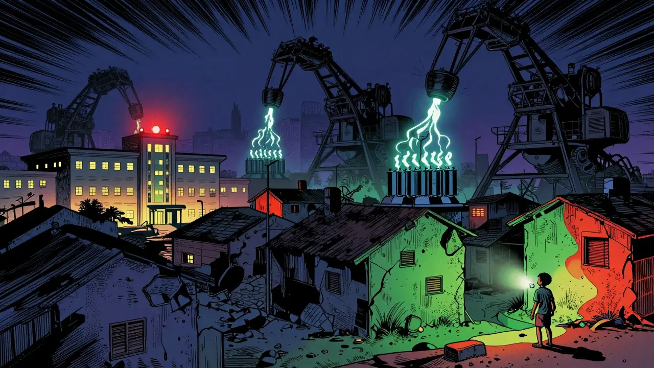 Dark city with glowing mining rigs draining power from transformers while a child holds a flashlight.