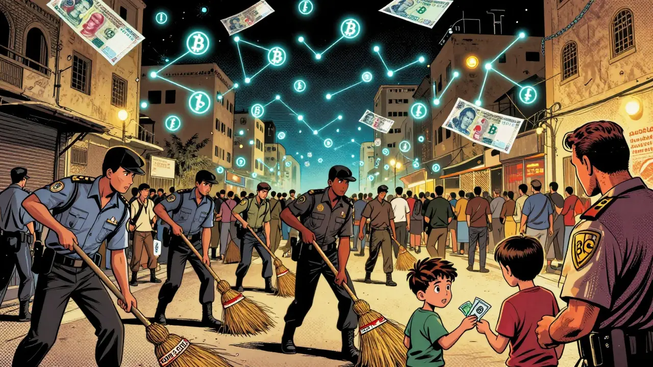 Digital crypto symbols float above Cairo street as agents try to sweep them away, child hands cash for QR code.