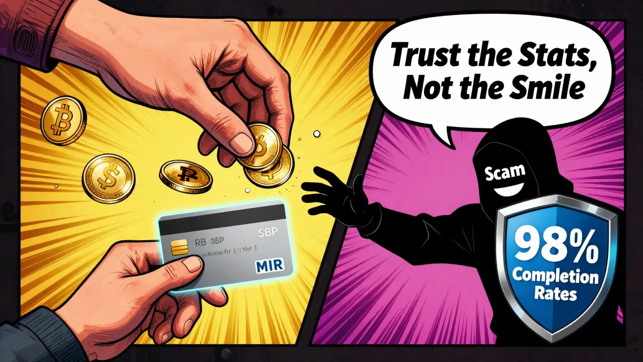 Digital escrow battle between a legitimate trader and a scammer, with completion rate shield blocking fraud in a comic-style scene.