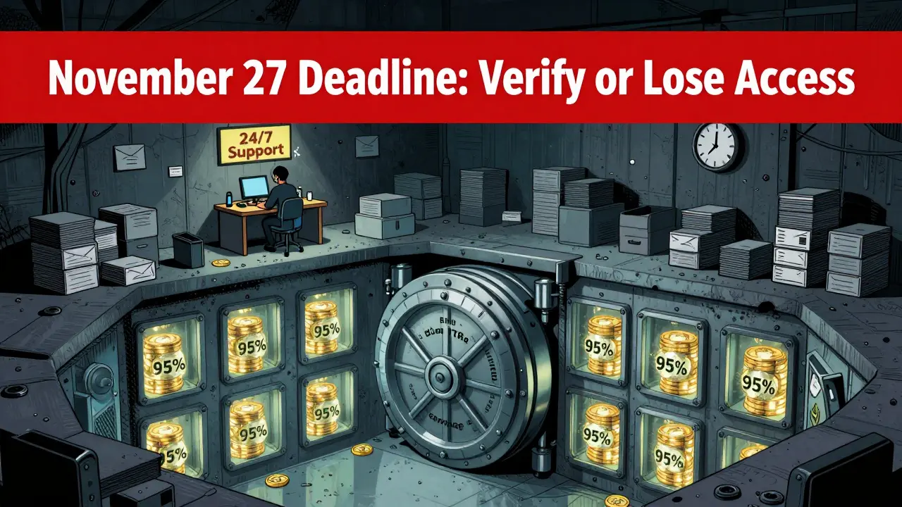 Digital vault storing crypto underground while support agent struggles with emails under flickering sign.