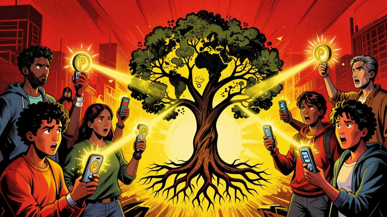 Diverse protesters connect via PROM tokens to a global decentralized server tree.