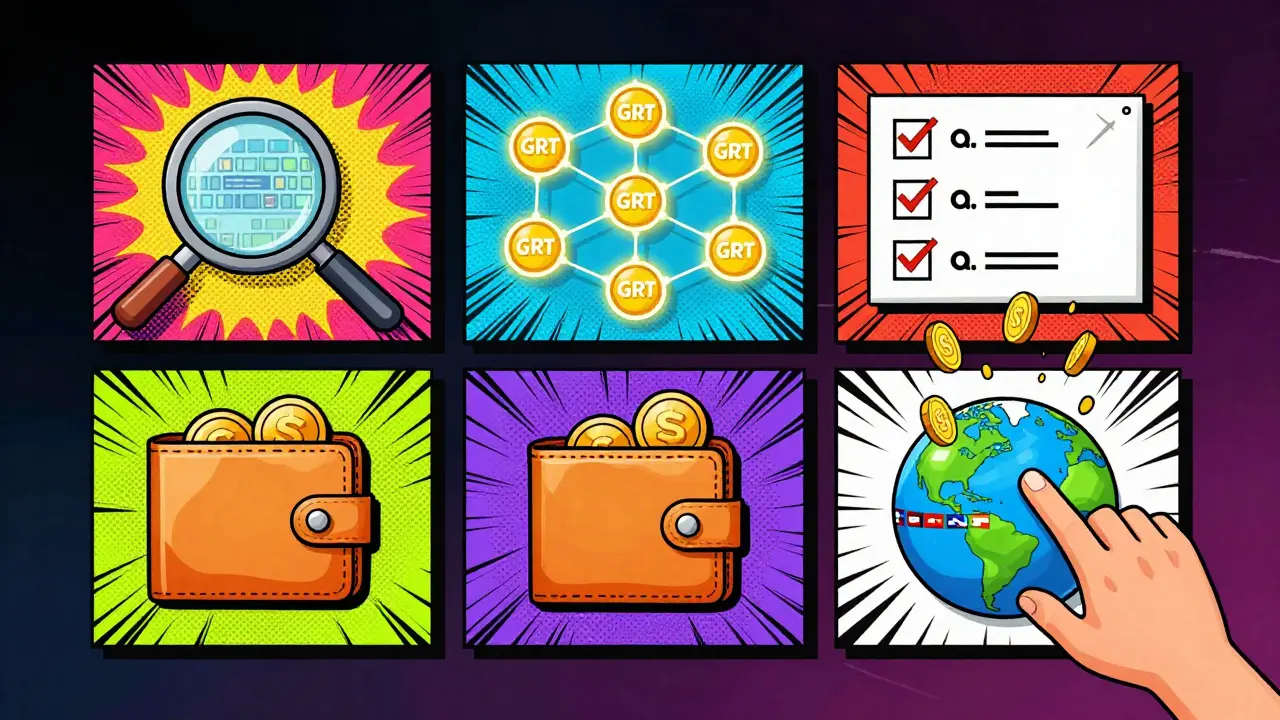 Five animated learning modules in comic panels showing blockchain concepts and GRT tokens raining down.