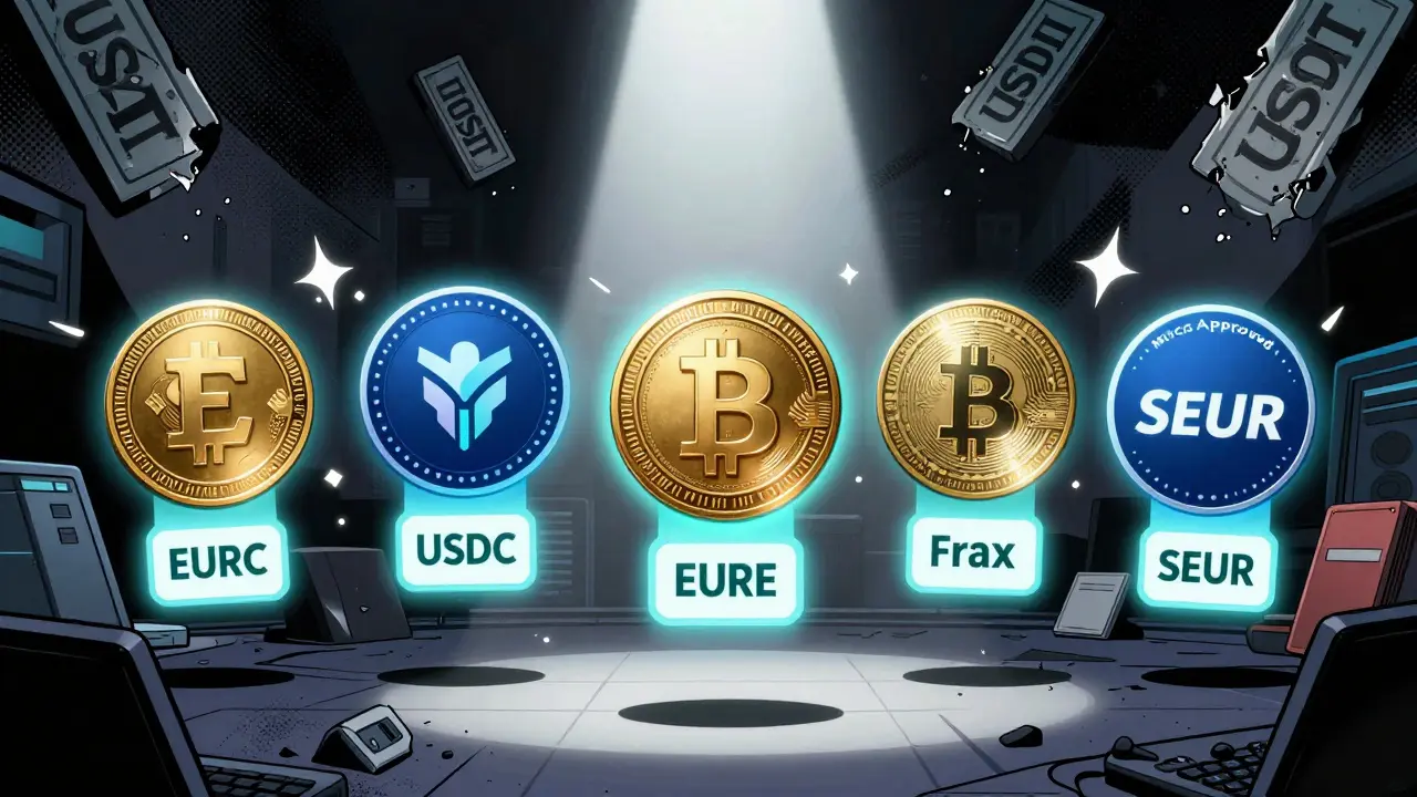 Five MiCA-approved stablecoins shining like heroes over a chaotic crypto exchange.