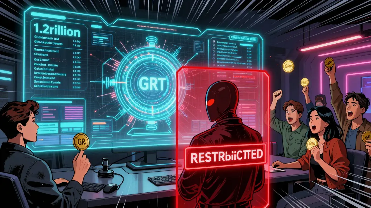 Giant GRT token powering Web3 data system while a U.S. user is blocked by a regulatory force field.