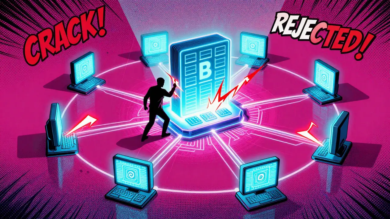 Global network of nodes rejecting a hacker's attempt to alter a blockchain block with glowing energy