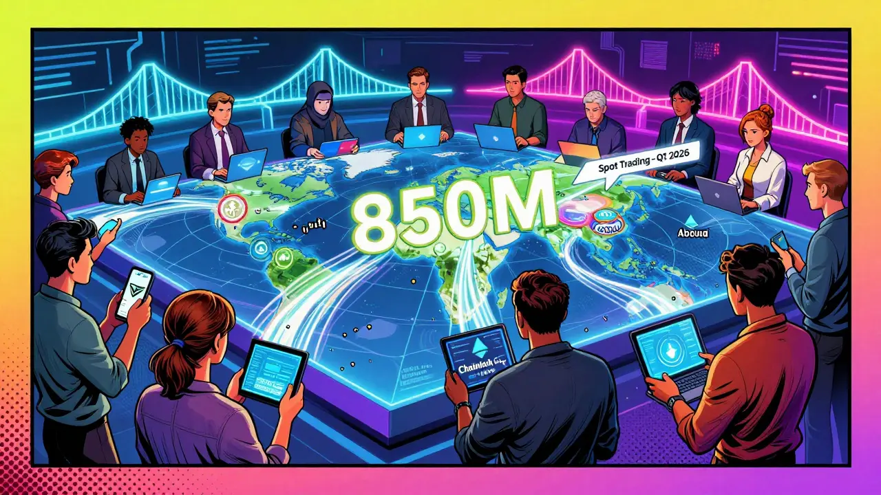 Group of traders monitoring global trading volume across multiple blockchain networks with a future feature countdown.