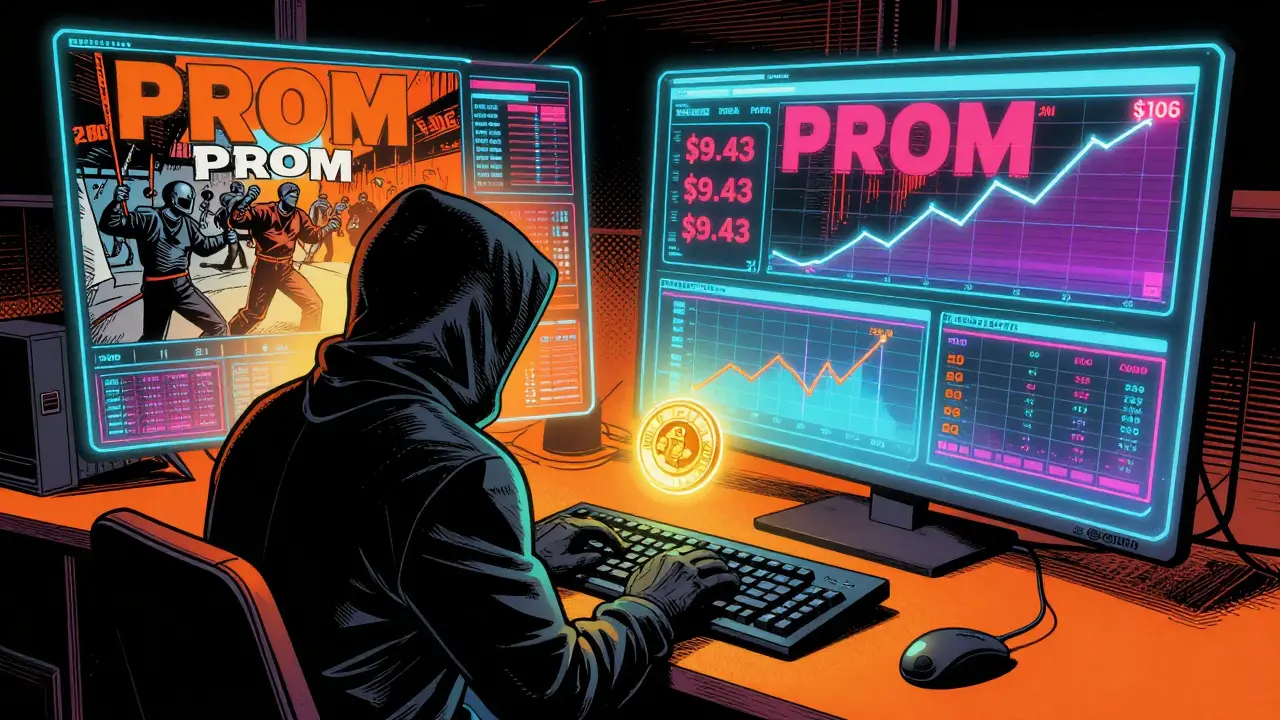 Hacker views PROM price history as holograms while a future protest unfolds in the background.