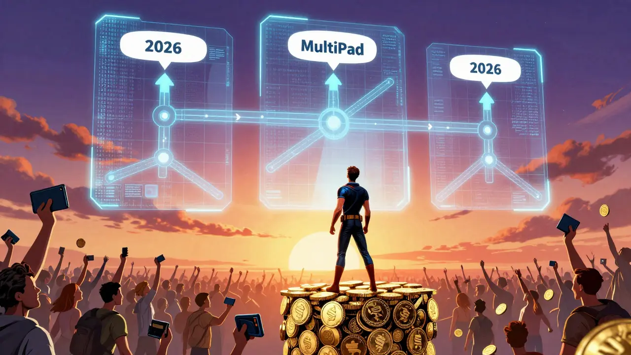 Hero standing on MPAD tokens under a holographic roadmap of future project launches, crowd cheering below.