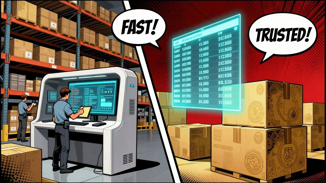 Hybrid warehouse scene with fast database terminal and glowing immutable blockchain ledger side by side