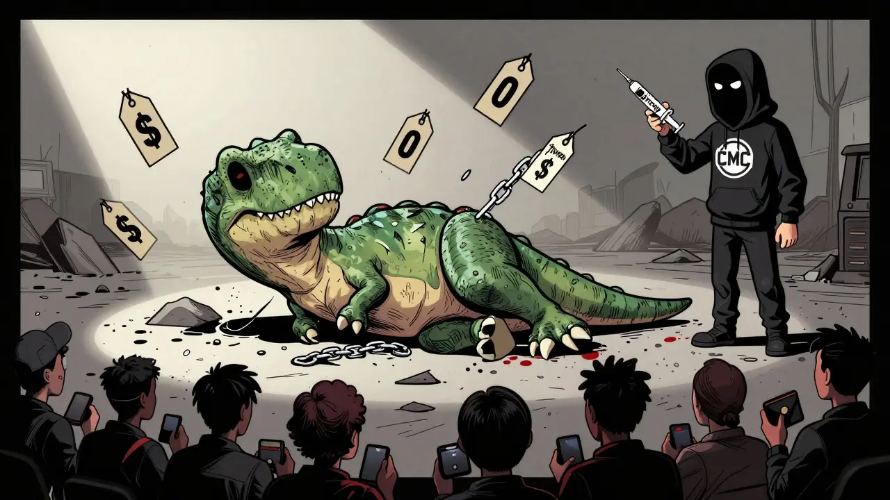 Lifeless Frutti Dino NFT surrounded by <h2>Red Flags You Can’t Ignore</h2> price tags in a digital wasteland, masked scammer looming.