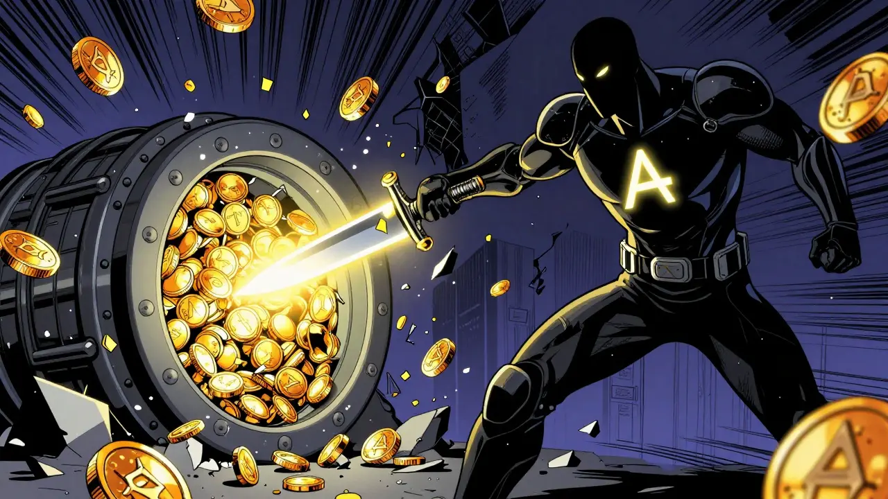 Liquidator using a flash loan dagger to collapse an undercollateralized ETH vault in a dramatic DeFi battle.