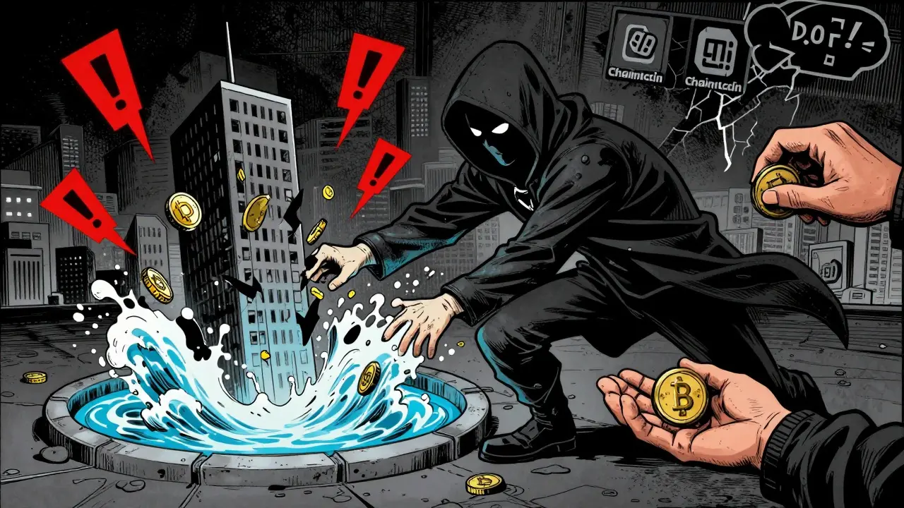 Masked hacker flooding a small DeFi pool with DAI, causing a token price crash and stealing ETH in a dark comic attack.