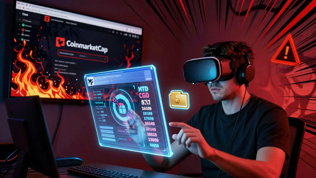 Player in VR goggles seeing fake Coinmarketcap scam sites burning while real token prices float nearby.