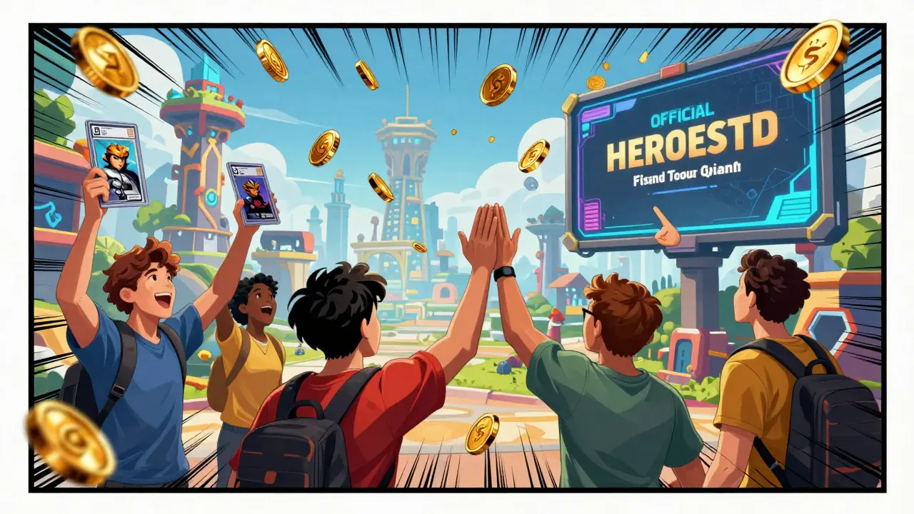 Players celebrating as CGC coins rain down, holding NFT heroes under an official HeroesTD announcement.