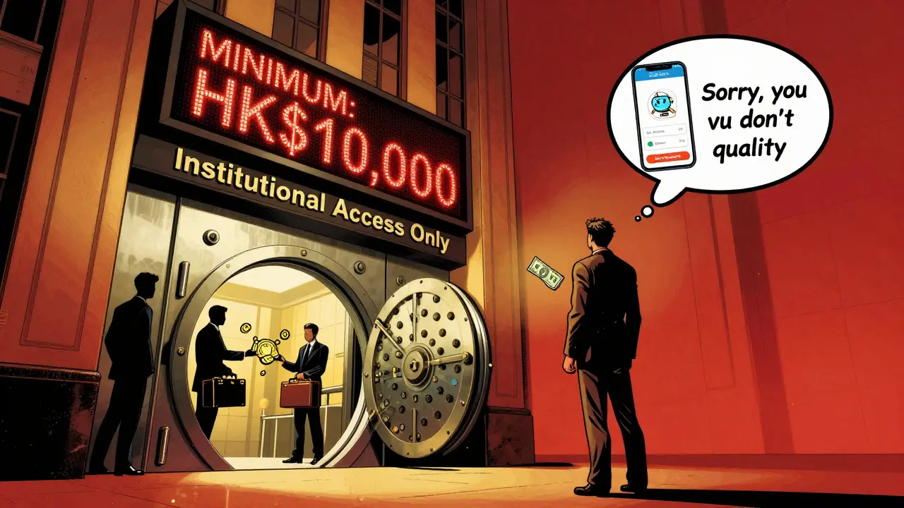 Retail investor outside OSL building holding 0 bill, while wealthy traders enter through a secure vault.