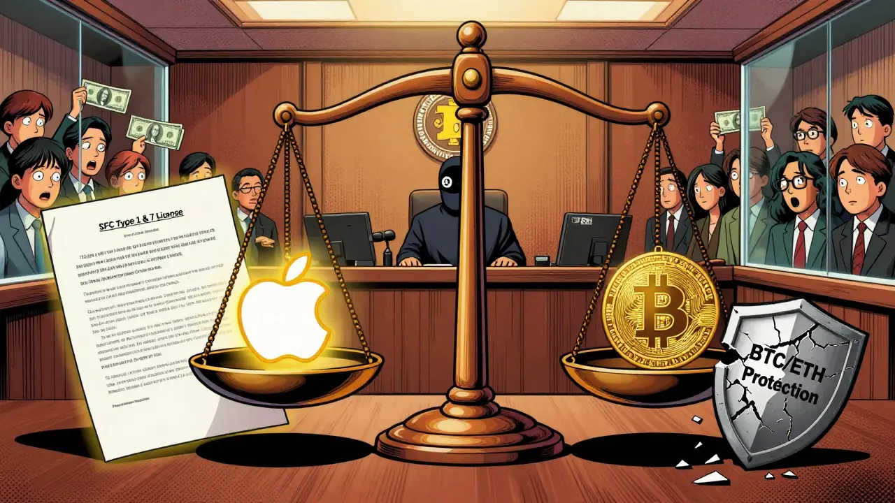 Scales of justice balancing tokenized stock against Bitcoin, symbolizing OSL's regulatory gray area.