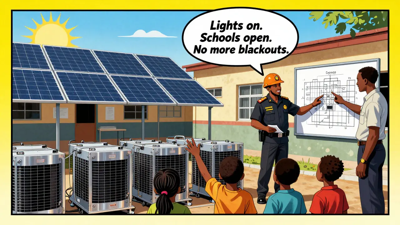 Seized mining equipment displayed at a school as solar panels go up, children looking on hopefully.