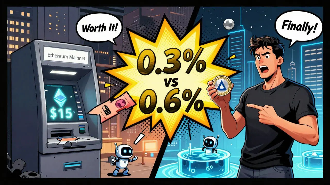Side-by-side comparison of high Ethereum fees vs low Avalanche fees in pop art comic style.