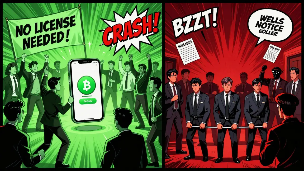 Split comic panel showing a startup&#039;s rise and fall due to unlicensed operations, with dramatic legal consequences.