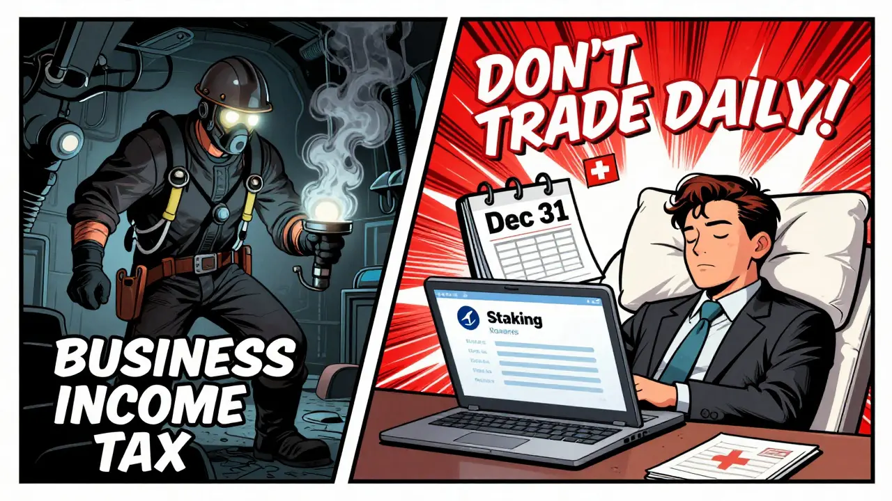 Split-panel: miner with rigs on one side, peaceful investor with staking rewards on the other, warning signs flash &#039;DON’T TRADE DAILY!&#039; in comic book style.