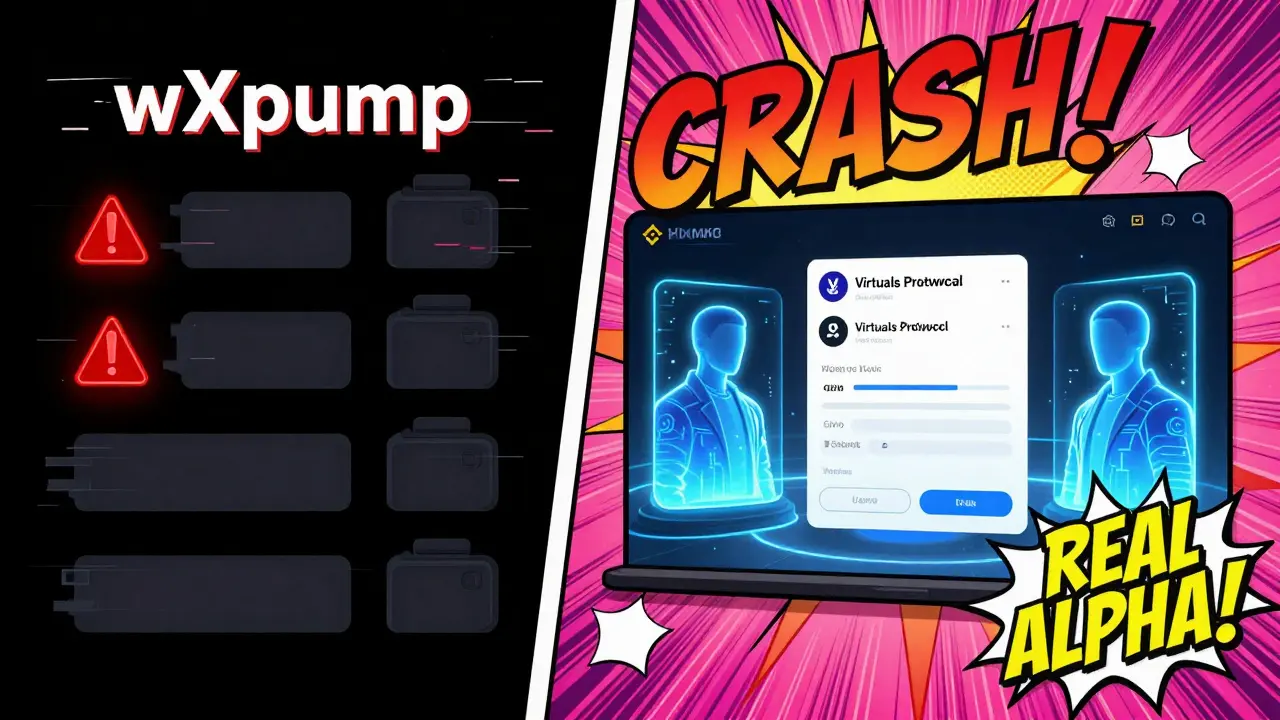 Split scene: glitchy ALPHA contract vs. glowing Binance AI projects in pop art style.