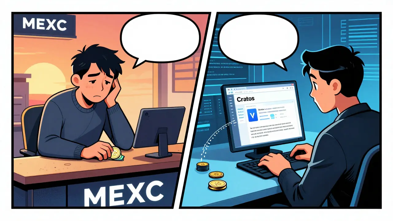 Split scene: one person cashing out CRTS tokens, another updating a blockchain website.