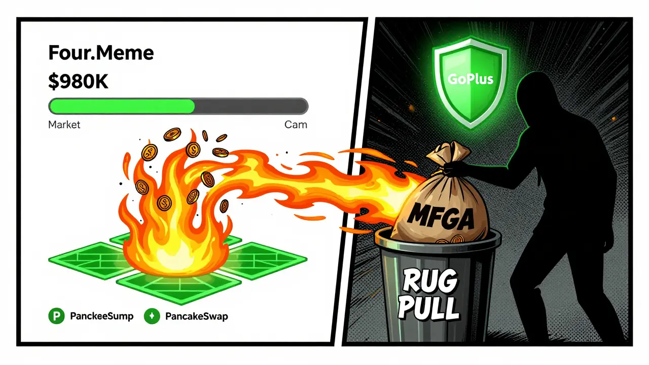 Split scene: token burns at 0K market cap vs. a rug pull dumping tokens into trash.