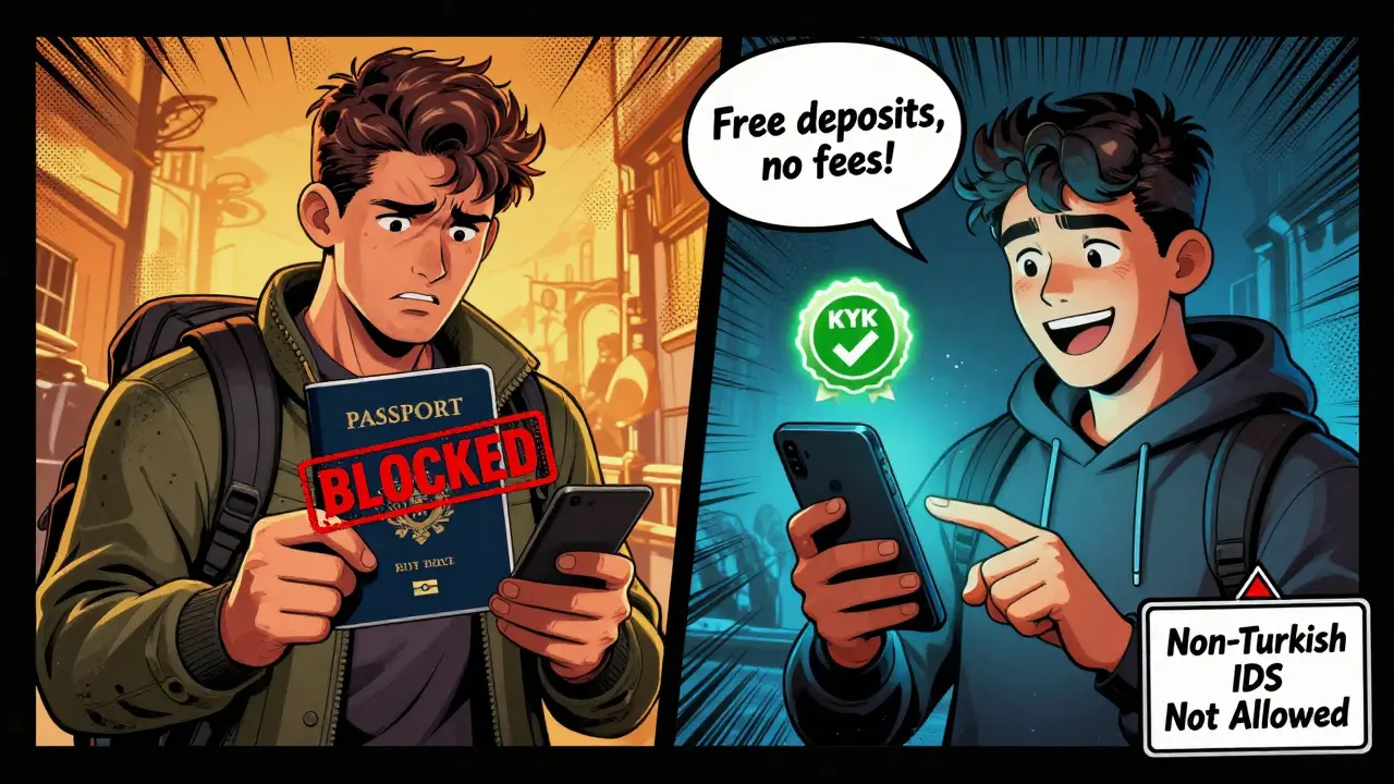 Split scene: Turkish student verifying identity vs. foreigner blocked from using Binance TR.