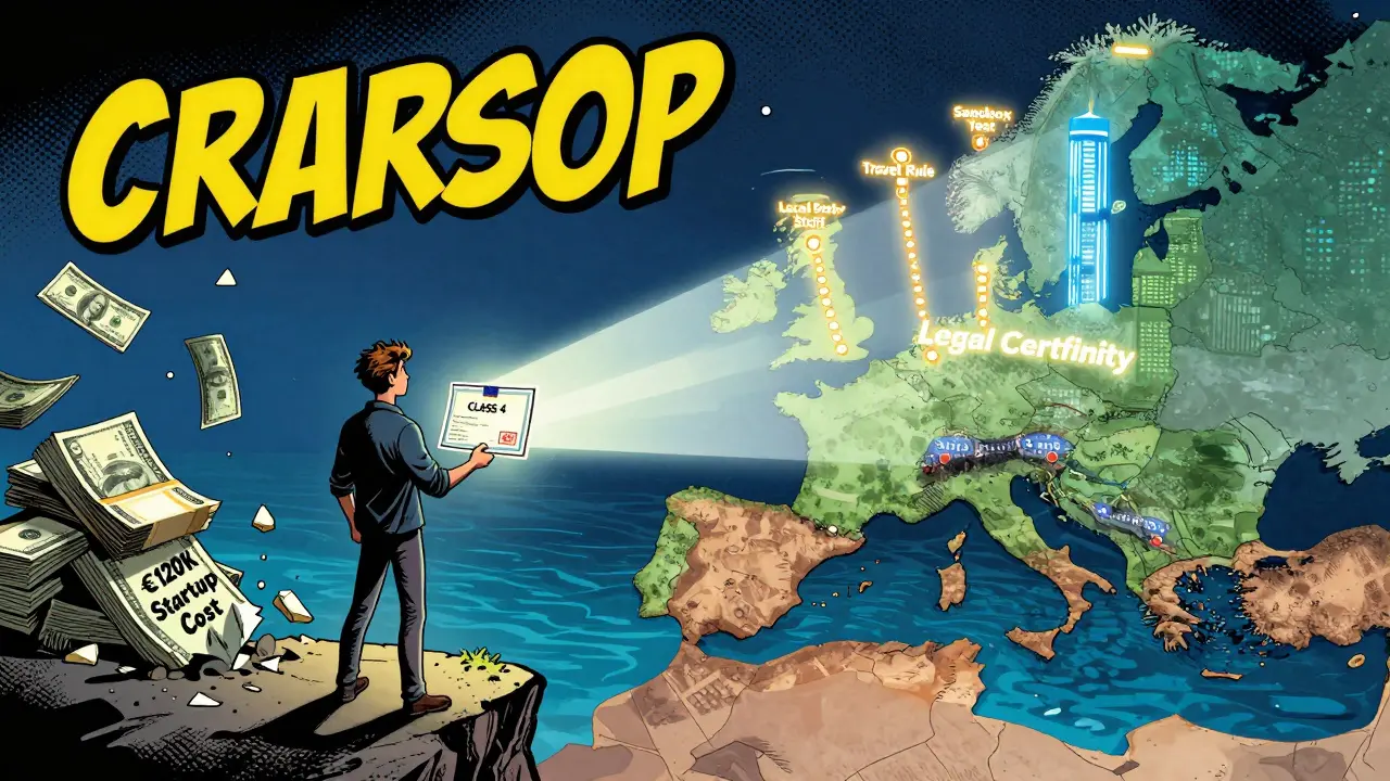 Startup founder on a cliff holding a glowing EU-wide license as costs fall into the sea, path of compliance checkpoints ahead.