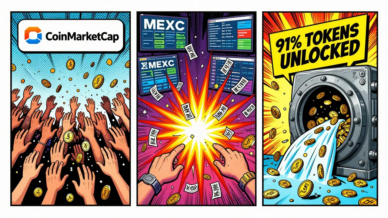 Three comic panels show failed airdrop campaigns with tokens dissolving into pixels and coins flooding out.