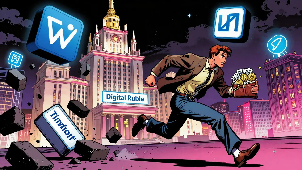 Trader escaping falling bank icons while crypto wallets glow on rooftops in a neon-lit Russian cityscape at night.