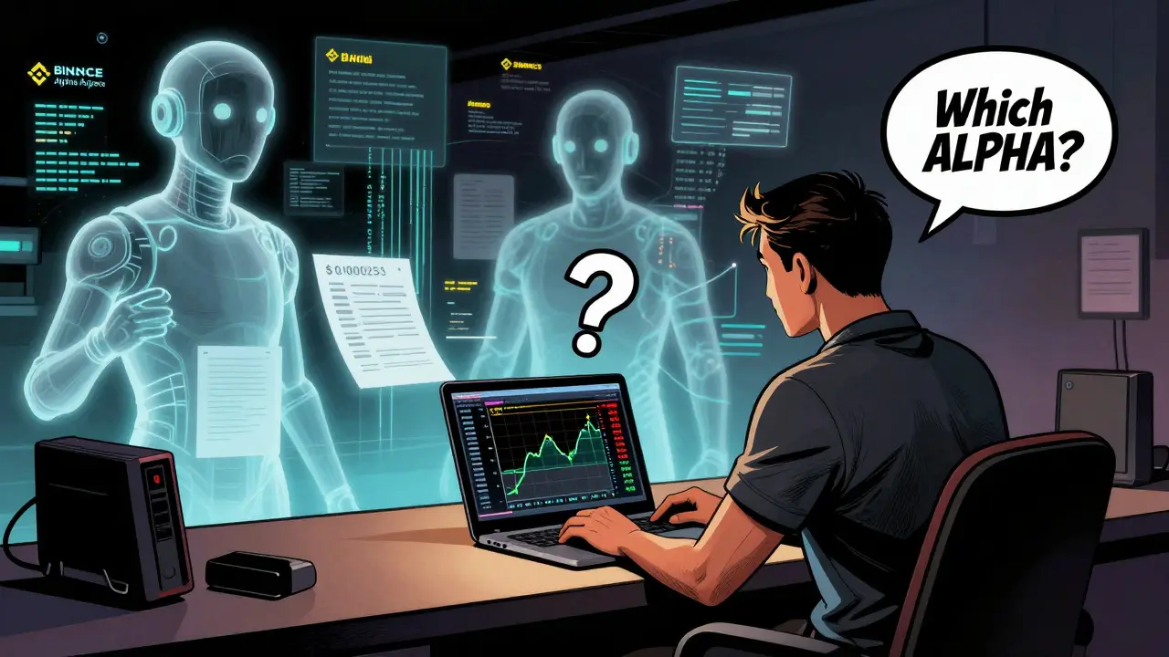 Trader staring at a failing ALPHA chart while real Web3 projects fade in the background.