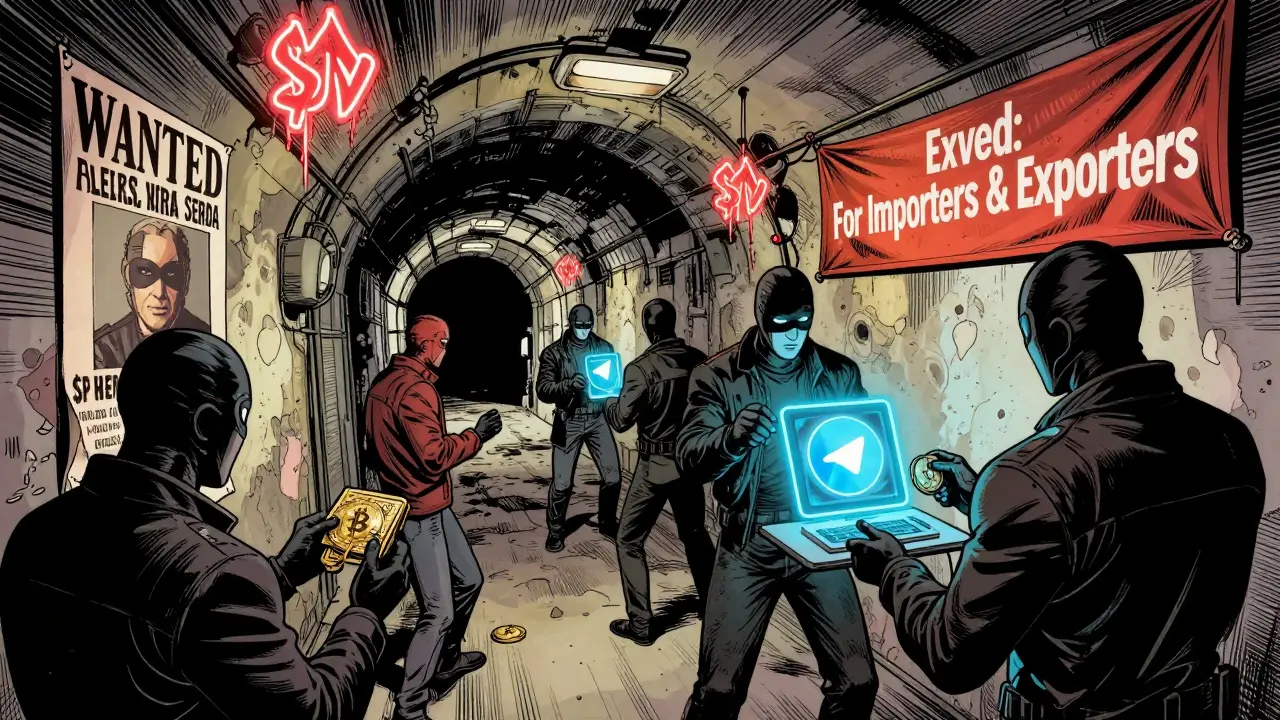 Underground crypto operators use Telegram bots in a hidden Moscow tunnel, with a wanted poster and fake export banner.
