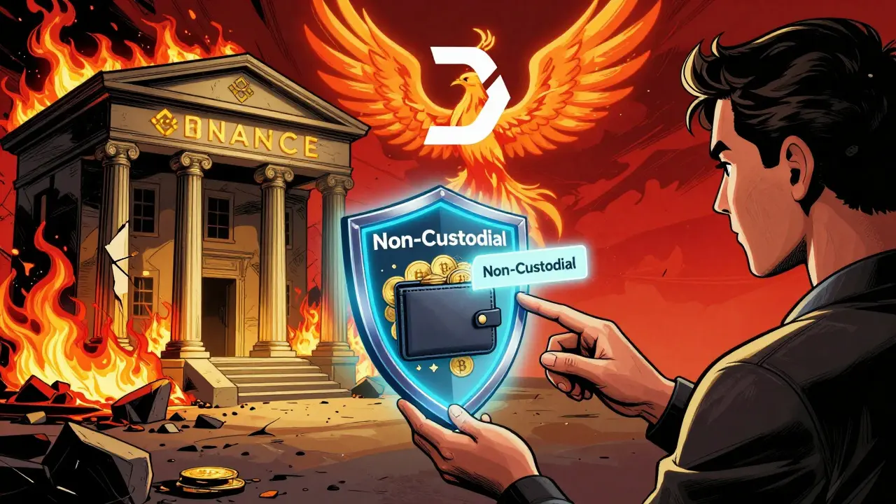 User connecting a wallet to a secure DEX while a centralized exchange burns behind them.