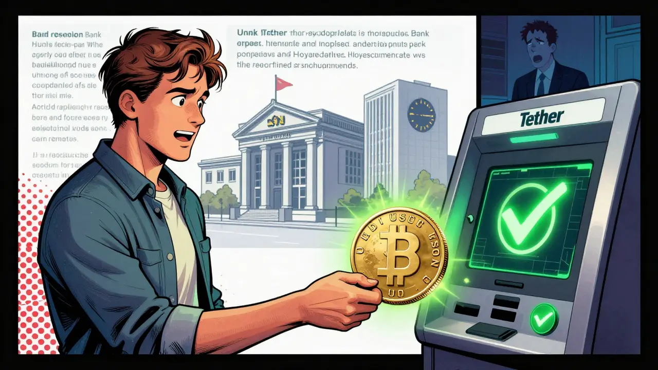 User swapping USDT for USDC at a kiosk, with transparent reserves and AML systems glowing.