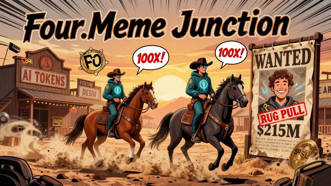Wild west town themed as Four.Meme, with crypto cowboys and wanted posters for memecoins.