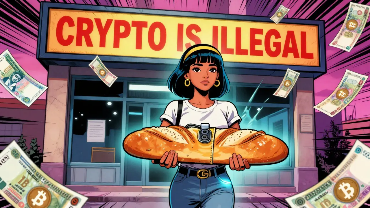 Woman hides hardware wallet in bread while passing a &#039;Crypto Is Illegal&#039; sign, digital symbols fading around her.