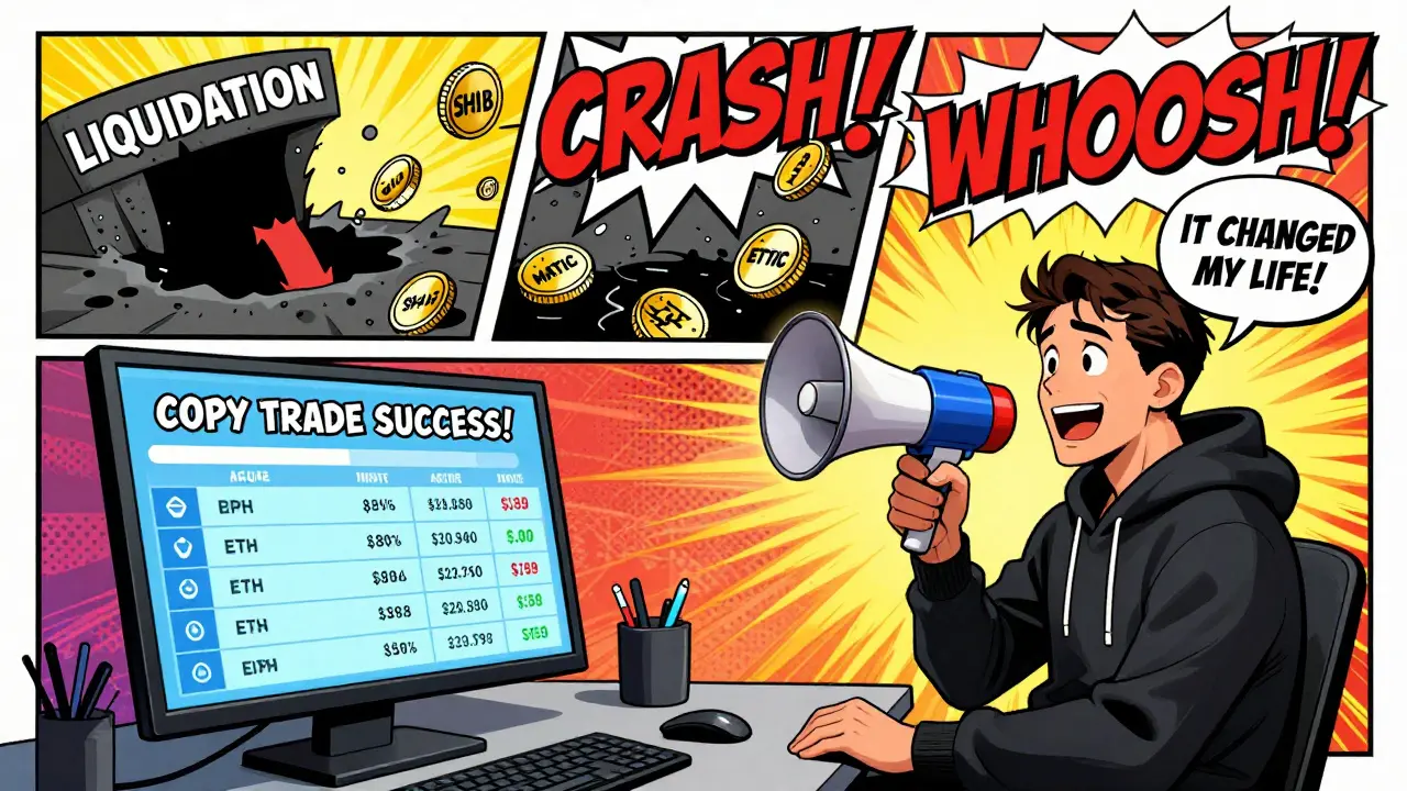 A beginner trader watching their funds vanish while an influencer promotes copy trading with false promises.