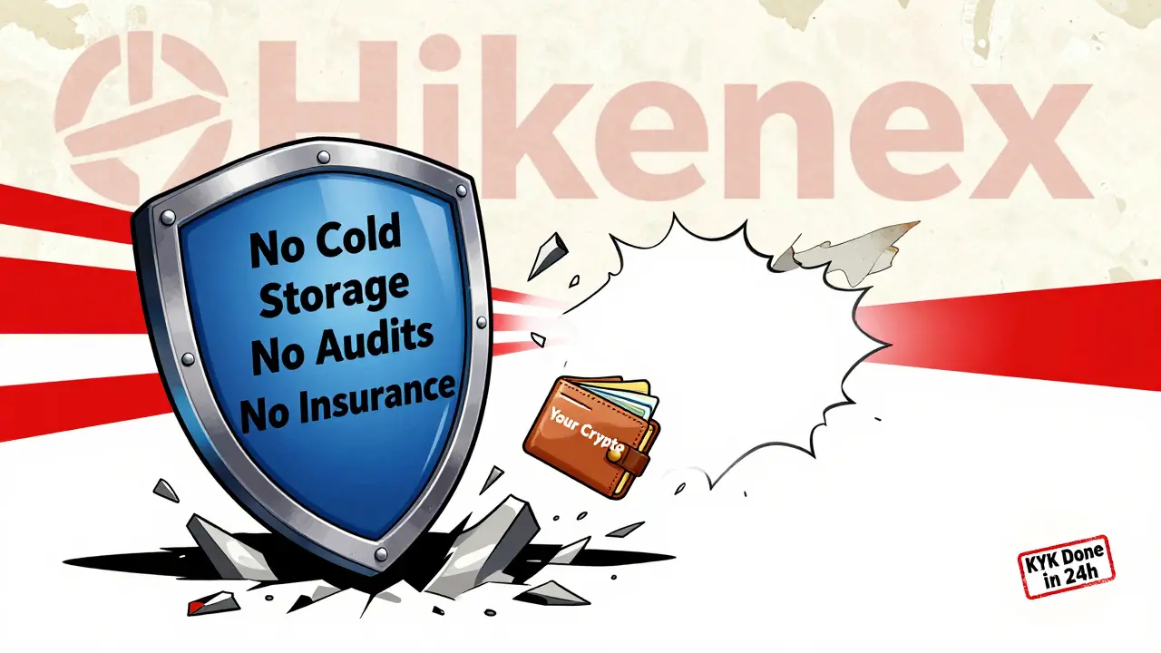 A cracking safety shield revealing void behind it, with a wallet falling into darkness as Hikenex logo peels away.