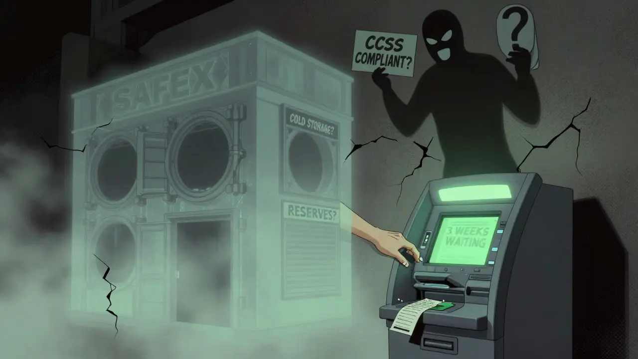 A fading SAFEX building with empty vaults and a broken ATM, symbolizing lack of transparency and trust.