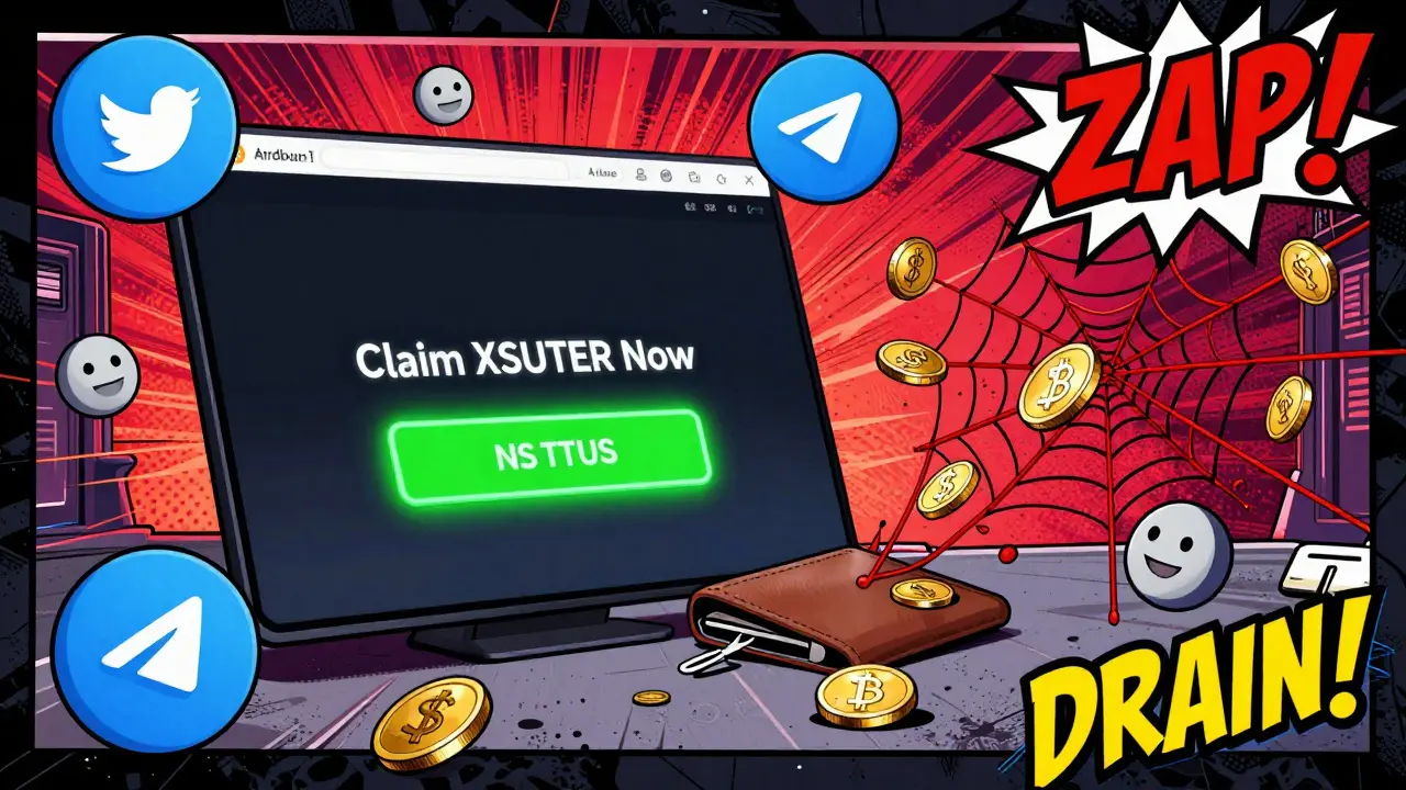A fake airdrop website with a malicious contract draining crypto coins in pop art comic style.