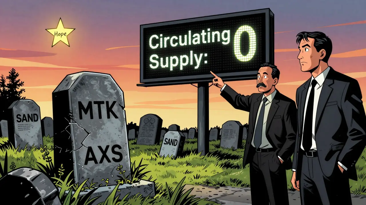 A graveyard of crypto tokens with MTK's cracked tombstone overgrown in weeds under a dying star.