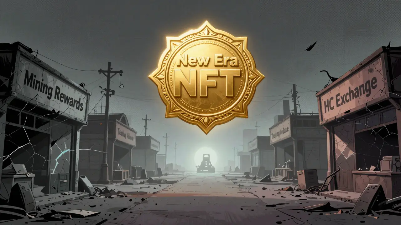 A lone digital NFT badge hovers over an abandoned marketplace under a foggy horizon.