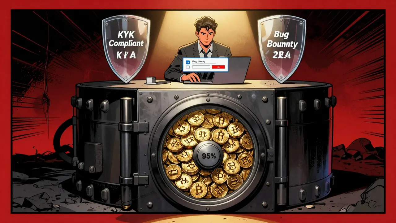 A secure digital vault with crypto coins stored underground and user authentication features displayed above.